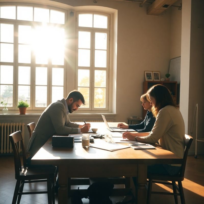 Malo uredništvo radi za drvenim stolom u svijetlom studiju s toplim popodnevnim svjetlom kroz visoke prozore