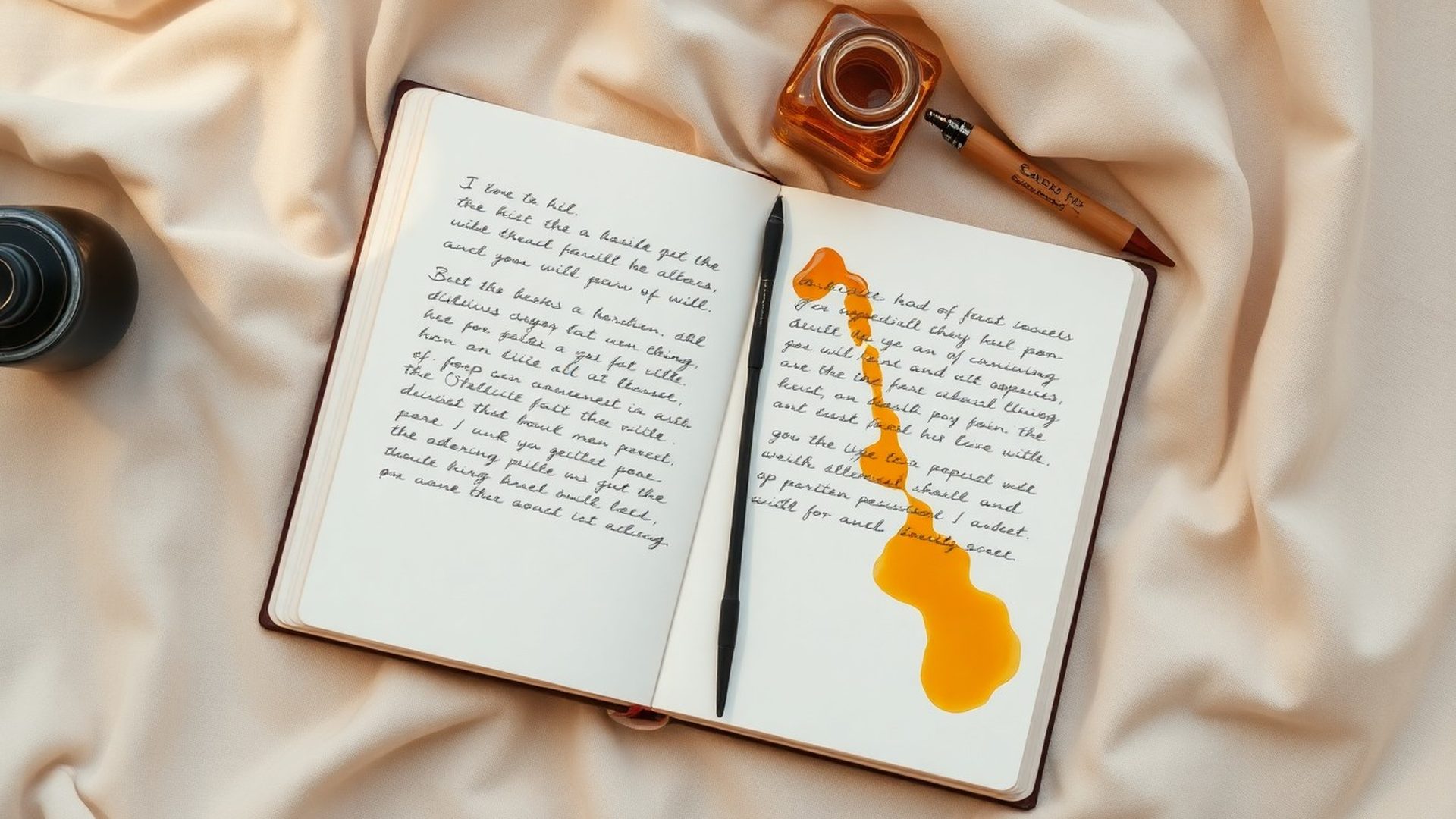 Otvorena bilježnica s rukopisom i mrljom od zlatne tinte na lanenoj podlozi
